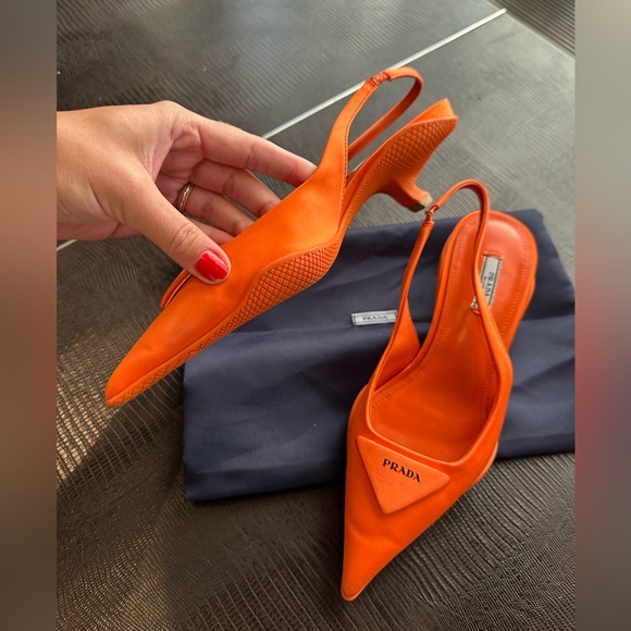 Prada Orange Logo-detailed Nylon Slingback Pumps Size US 8.5 EUR 39 Pre-Owned - Picture 14 of 16